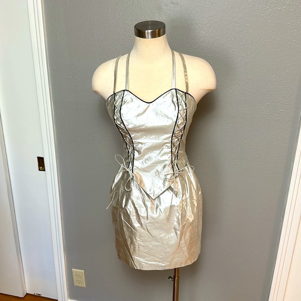 Vintage metallic silver cocktail dress with bows by Precious Formals